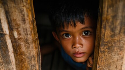A young boy with dark eyes peeks through a gap in a wooden structure.