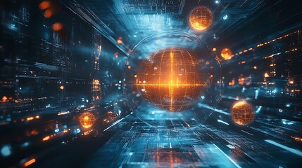 Fototapeta premium Futuristic digital tunnel with glowing sphere and data streams.