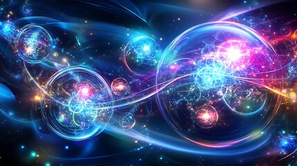Obraz premium Abstract colorful energy spheres and glowing particles connected by lines in a dark space.
