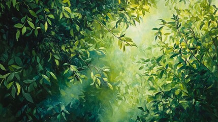 Naklejka premium Nature exploration in lush green forest vibrant foliage tranquil atmosphere close-up viewpoint for relaxation