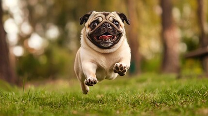 Obraz premium Joyful Pug Dog in Mid-Air Leap Through Green Grass