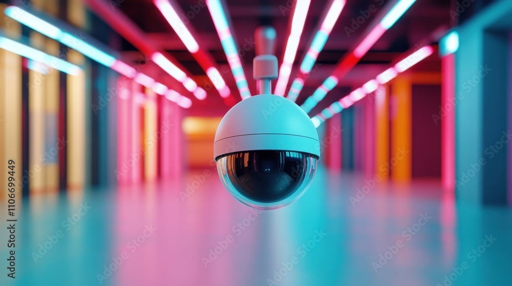 Poster modern security camera in a futuristic hallway with colorful neon lighting providing advanced survei