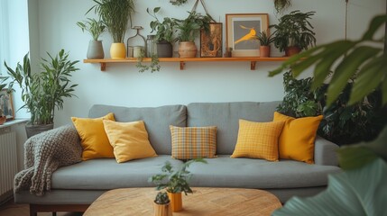 This cozy boho room features a chic coffee table, plush gray sofa, and vibrant plants for a stylish retreat.