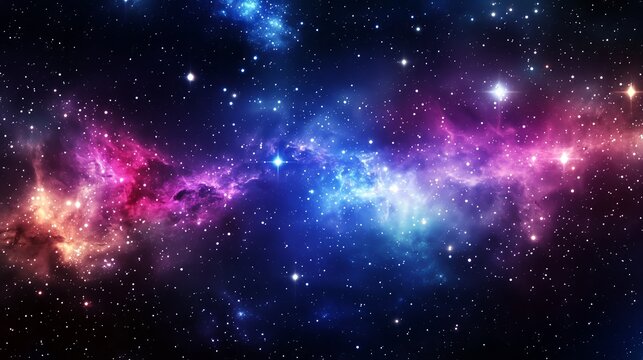 Explore a stunning deep space scene with twinkling stars and vibrant nebulae in rich colors.