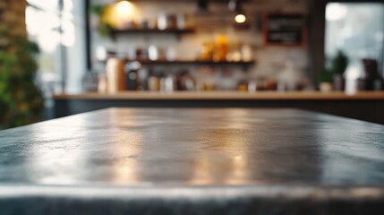 Close-up of a polished concrete table in a cozy cafe setting with warm lighting.