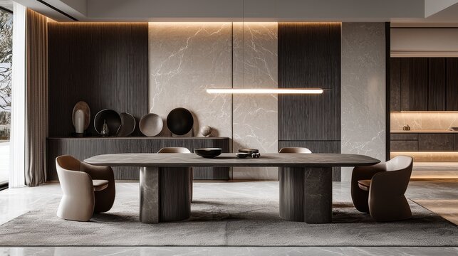 A modern luxurious rectangular dining table with grey oak veneer, featuring Minotti style. The product is displayed in a fully white studio environment, highlighting simple design and elegant details.