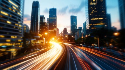 Obraz premium Night Traffic in a City with Skyscrapers and Blurred Lights