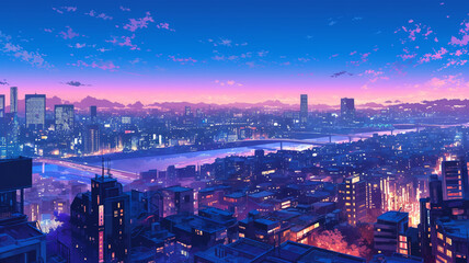 ノスタルジーを感じる都会の夜景イラスト,アーバン,ビジネス,ビル,日本,アニメ,