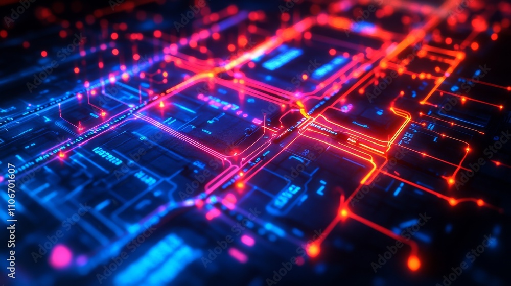 Poster future style subway map with glowing deep blue and red light, black background, and super realistic 