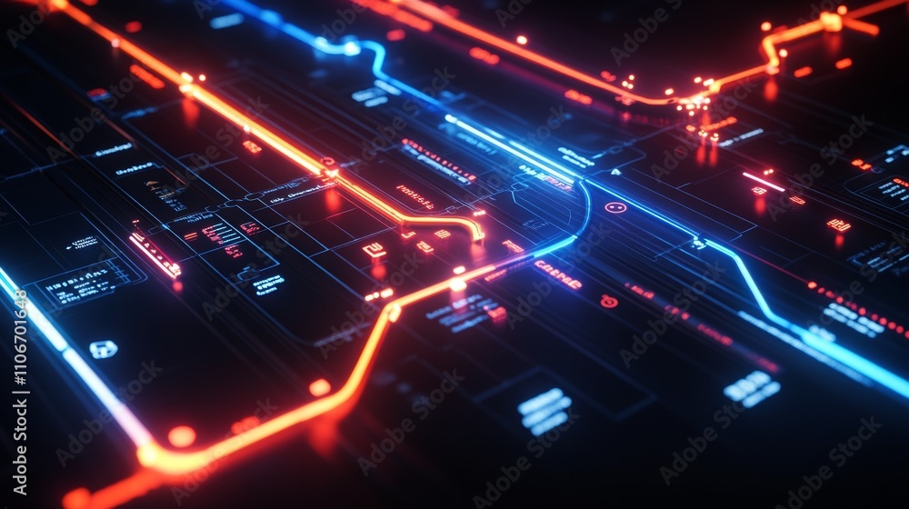 Poster future style subway map with glowing deep blue and red light, black background, and super realistic 