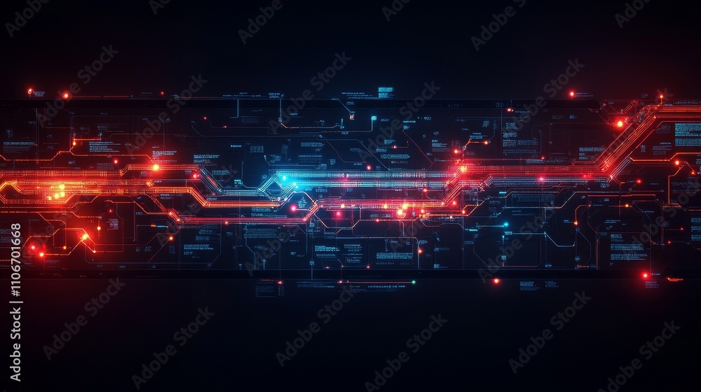 Poster future style subway map with glowing deep blue and red light, black background, and super realistic 