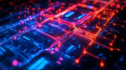 Fototapeta premium Future style subway map with glowing deep blue and red light, black background, and super realistic 3D rendering effect. Display high-definition resolution, deep tones, and high dynamic range details.