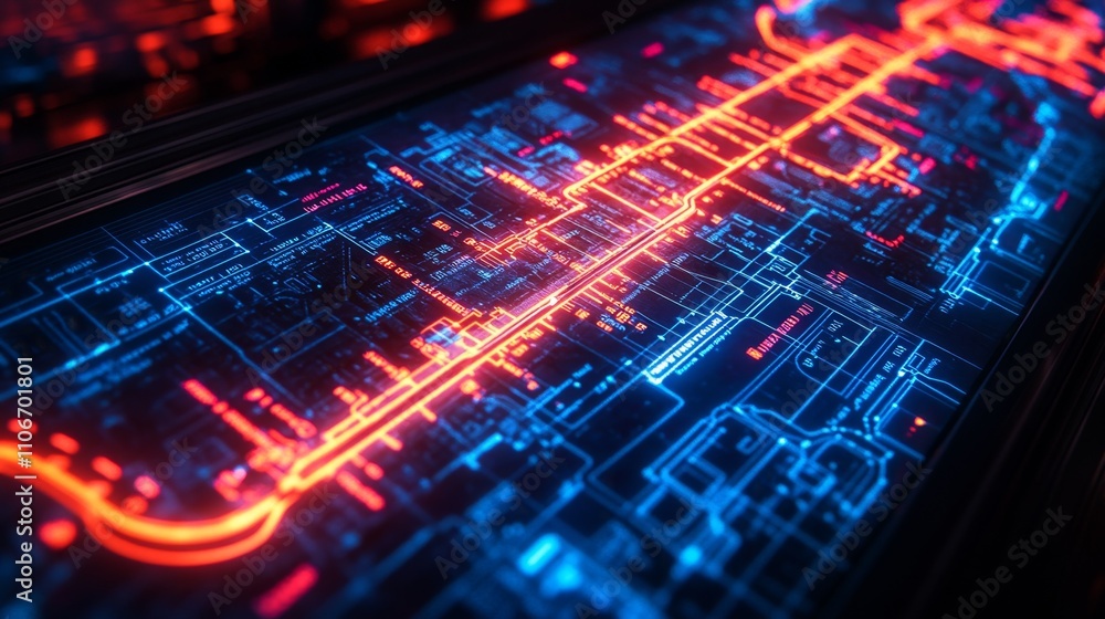Poster future style subway map with glowing deep blue and red light, black background, and super realistic 