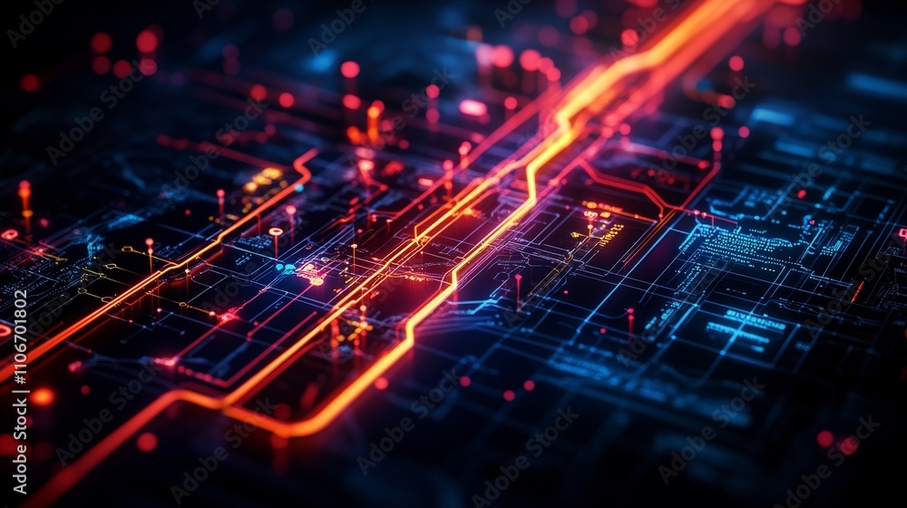 Poster future style subway map with glowing deep blue and red light, black background, and super realistic 