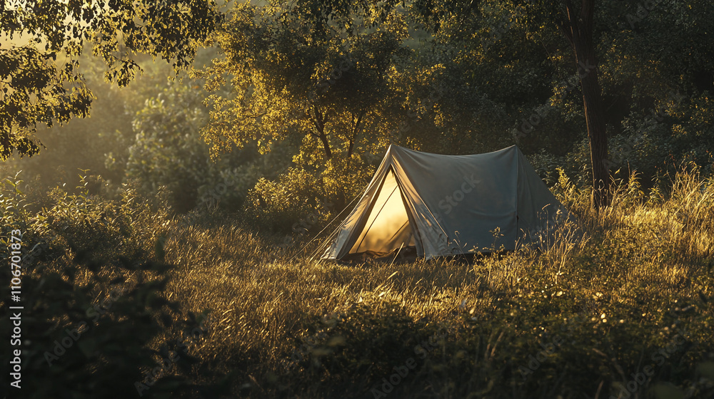 Poster tent nestled in serene forest during golden hour with soft sunlight filtering through trees