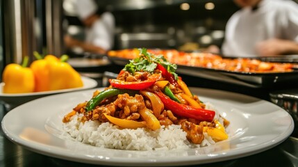 Delicious stir-fry served with rice in a restaurant kitchen.
