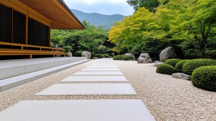 A serene pathway of light gray stone slabs winds through a meticulously landscaped Zen garden,...