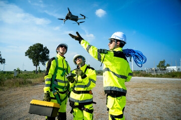 An engineer in a hard hat and safety vest operates a drone to inspect towering wind turbines in a remote area.