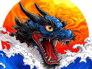 A vibrant illustration of a majestic blue dragon with intricate details, roaring ferociously as it emerges from powerful ocean waves.