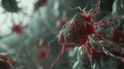 Close-up of decaying single cell with visible disintegration, contrasting with surrounding healthy cells, highlighting cellular biology concepts of life and death.