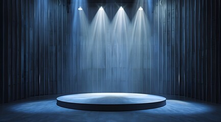 Empty stage illuminated by spotlights. A circular platform bathed in cool blue light against a dark backdrop. Ideal for presentations or product launches.