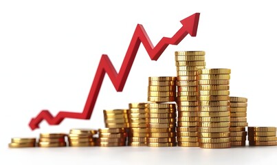 Stacks of gold coins rising with a red arrow pointing upwards, symbolizing financial growth and success.