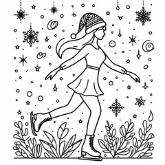 Obraz premium Blank coloring book illustration, a woman wearing a Christmas hat is figure skating.
