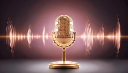 Golden microphone, soundwaves radiating, 3D illustration. voice, speech, clarity.