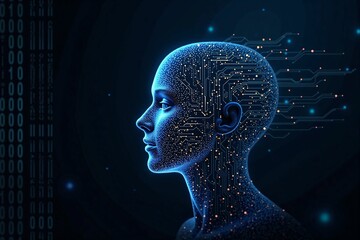 Obraz premium Futuristic Neural Design: Human Face with Digital AI Circuitry in a Glowing Blue Outline