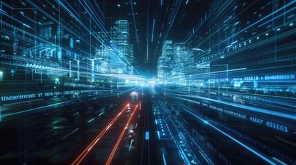 Futuristic Digital Cityscape With Speeding Data Lines