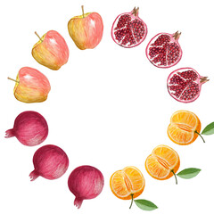 An open pomegranate, apple tangerine watercolor frame isolated on white. The hand-painted illustration cis perfect for culinary designs, kitchen, prints, cards, juice packages. Autumn harvest clip art