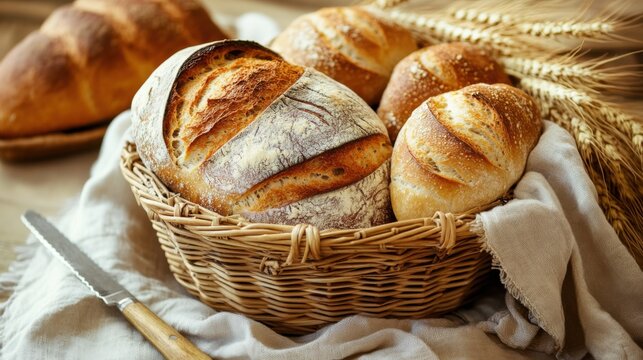 A rustic basket filled with freshly baked bread rolls, Baguette slices, and whole grain loaves