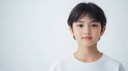 A young girl with short black hair and a white t-shirt looks directly at the camera with a neutral expression against a white background.