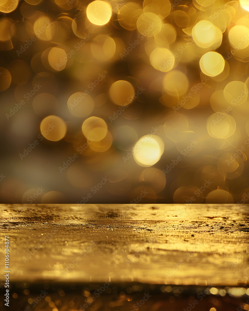 Poster a blurred background of golden bokeh with a reflective surface in the foreground.