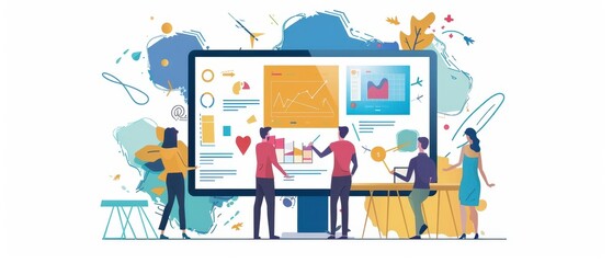 A vibrant illustration of a team collaborating around a large screen, analyzing data and charts, symbolizing teamwork and innovation in a modern workspace.
