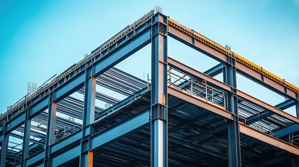 Steel frame building under construction against a blue sky.