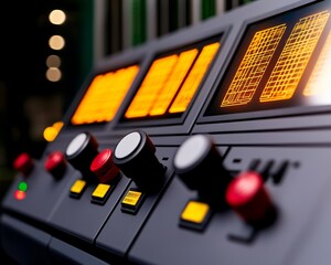 Electricity grid optimization enhances energy efficiency. Control panel with illuminated buttons and indicators in a modern design.