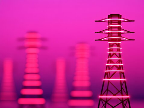 Electricity grid optimization enhances energy efficiency. Illuminated power lines against a vibrant pink background.