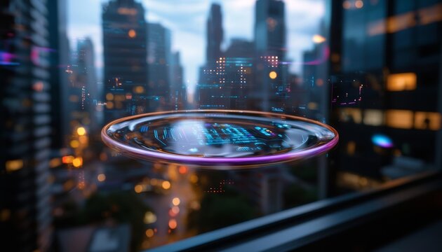 Electricity grid optimization enhances energy efficiency. A futuristic cityscape featuring a hovering disc illuminated by colorful lights.
