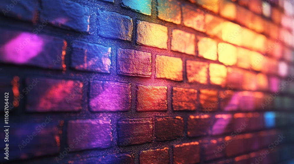 Poster hologram projected onto a brick wall, creating a vibrant futuristic digital effect. the image blends