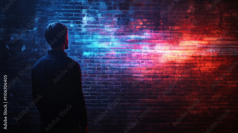 Poster hologram projected onto a brick wall, creating a vibrant futuristic digital effect. the image blends