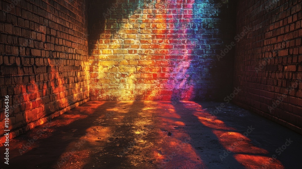 Poster hologram projected onto a brick wall, creating a vibrant futuristic digital effect. the image blends