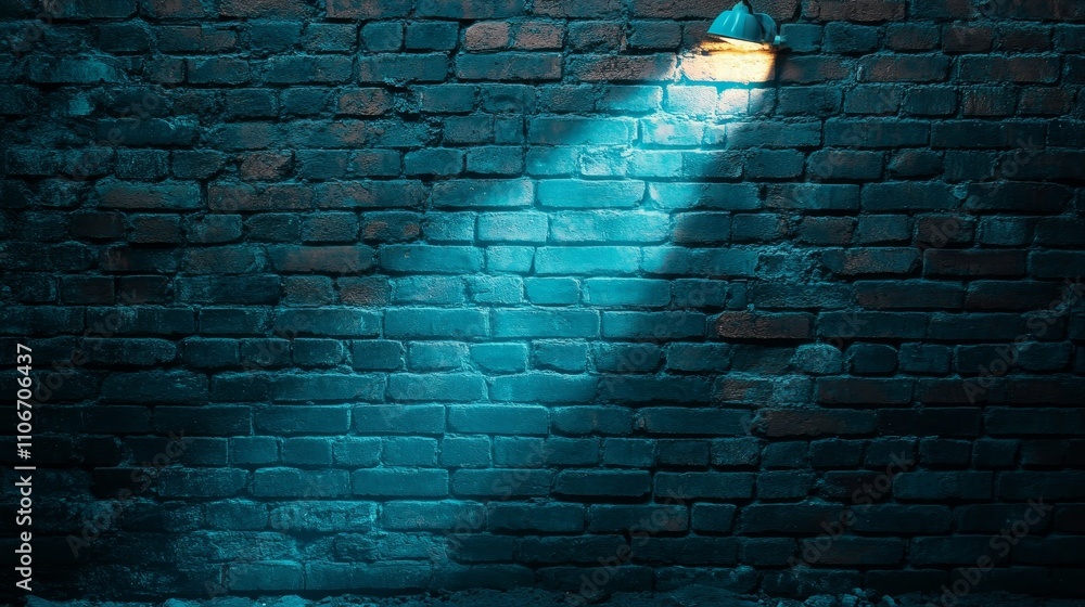 Poster hologram projected onto a brick wall, creating a vibrant futuristic digital effect. the image blends