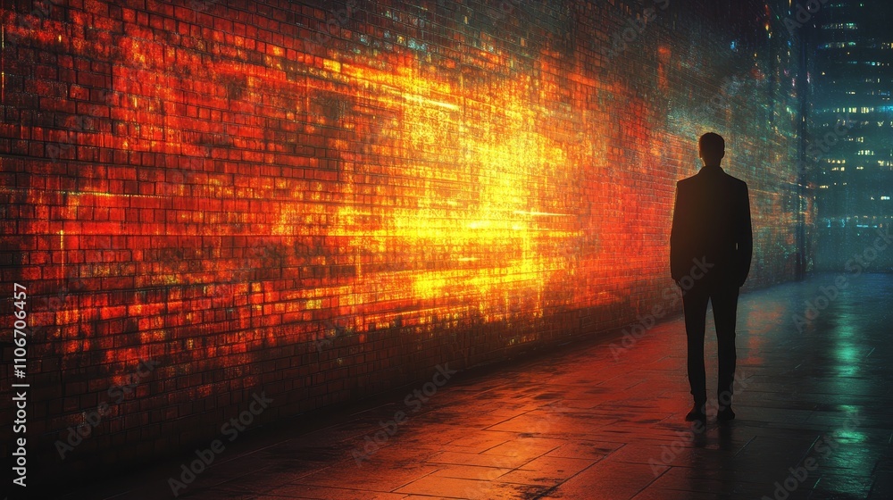 Poster hologram projected onto a brick wall, creating a vibrant futuristic digital effect. the image blends