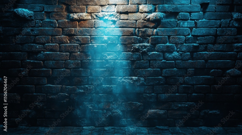 Poster hologram projected onto a brick wall, creating a vibrant futuristic digital effect. the image blends