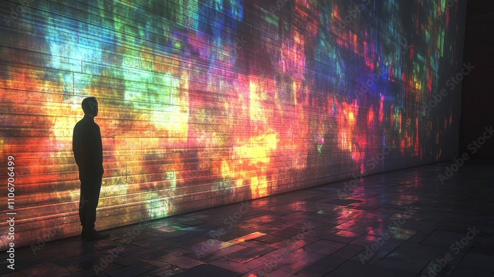 Poster hologram projected onto a brick wall, creating a vibrant futuristic digital effect. the image blends