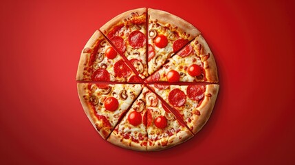 Pizza concept with 50% off deal on half pizza, viewed from the top on a red background.