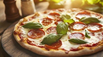 A rustic wood-fired pizza topped with melted mozzarella, pepperoni, and fresh basil leaves
