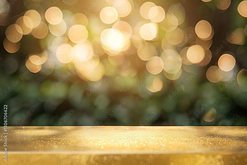 Poster a blurred background with golden bokeh lights and a shiny surface in the foreground.
