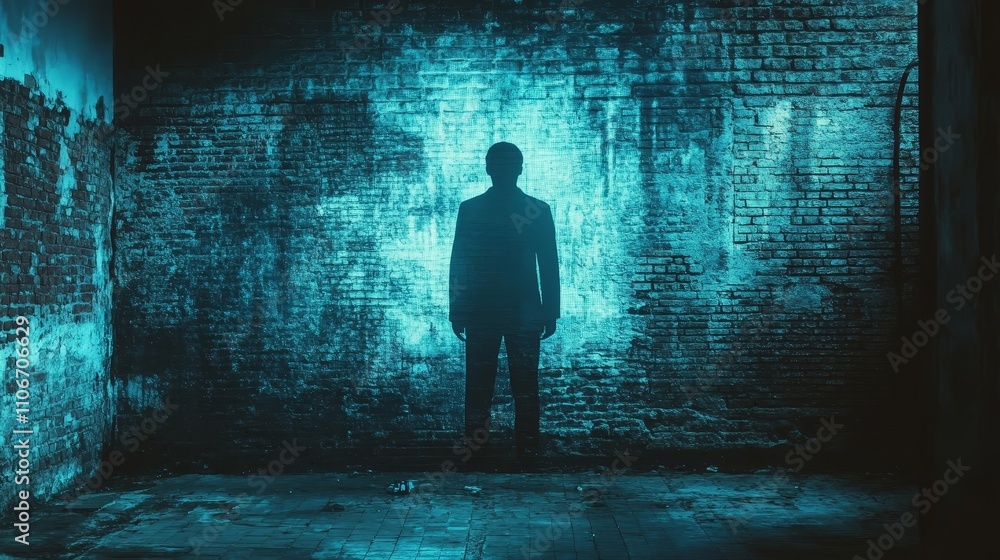 Poster hologram projected onto a brick wall, creating a vibrant futuristic digital effect. the image blends